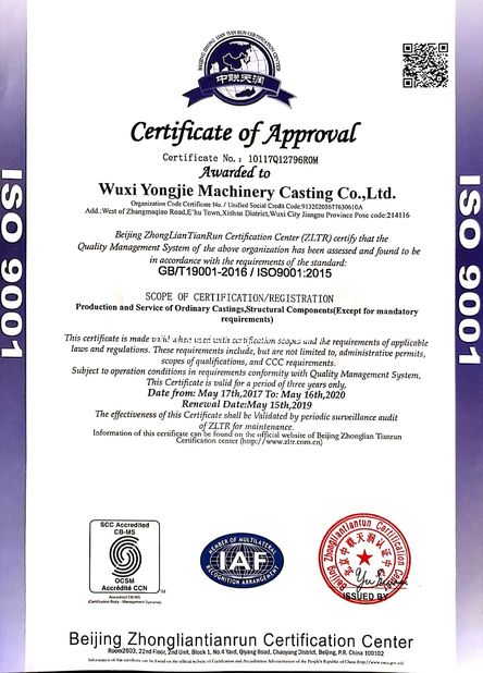 China Wuxi Yongjie Machinery Casting Co., Ltd. certificaciones